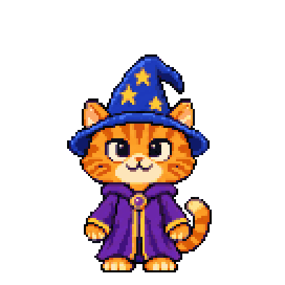 Animated pixel cat wizard waving